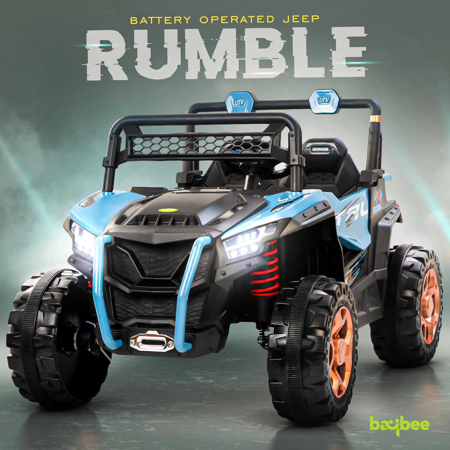 Durable red baby big jeep battery car with oversized tires, working headlights, and integrated music system for outdoor play WWW.USMILE.TOYS